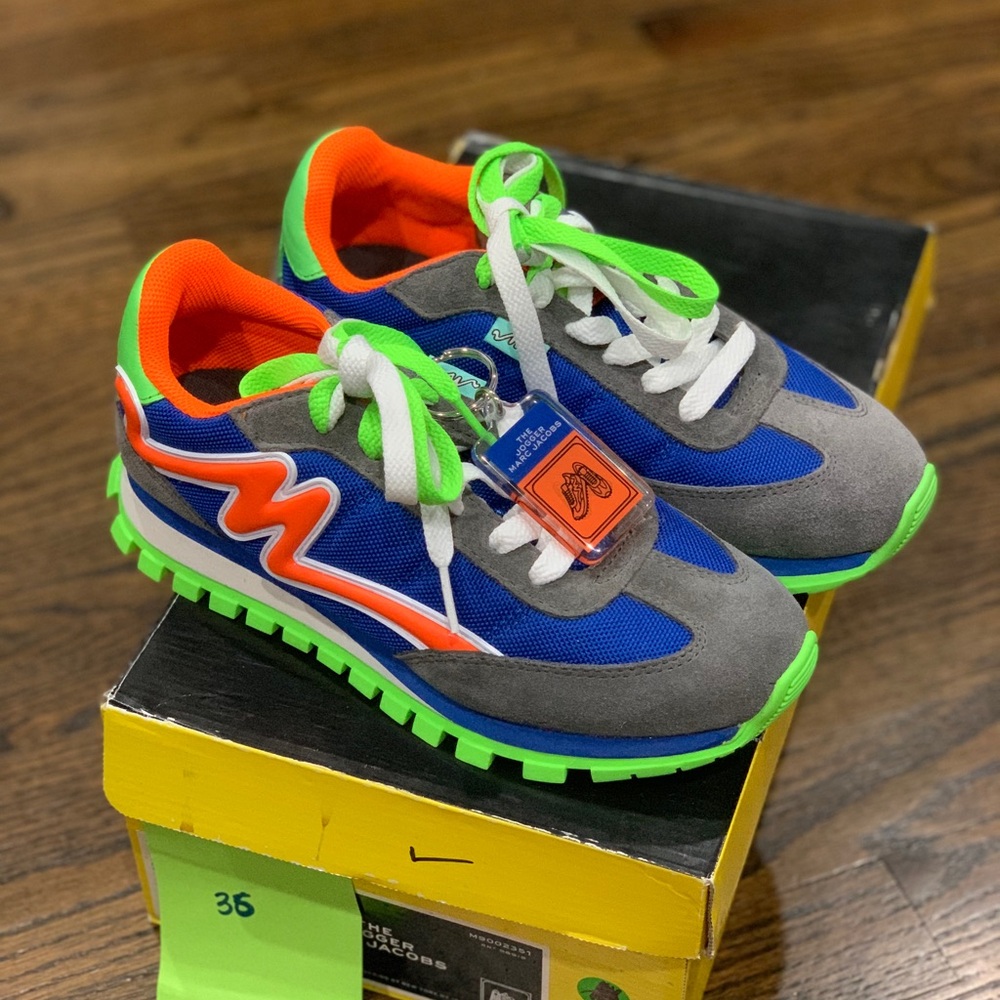 New Marc Jacobs The Jogger Sneakers Women’s Size 36 Gray/Neon Green/Blue/Orange